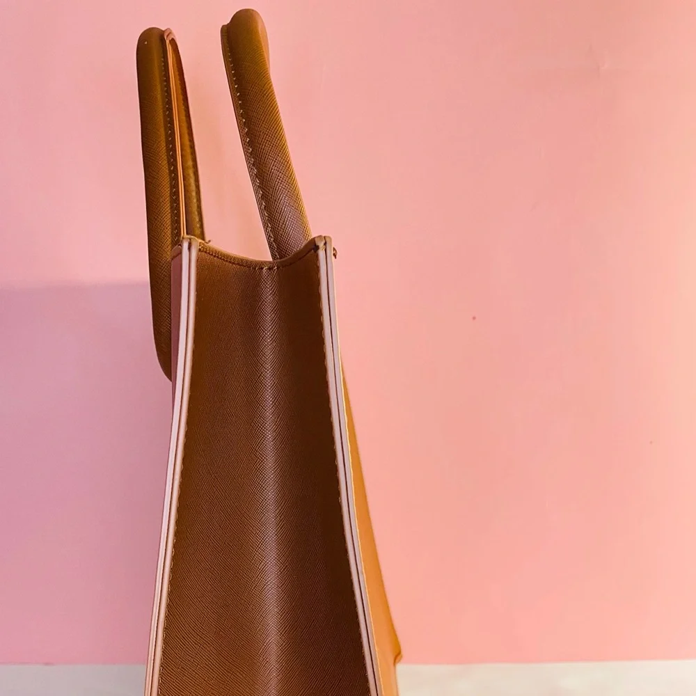 NEW TRENDY COGNAC RIVE GAUCHE VEGAN LEATHER TOTE - Picture 3 of 5